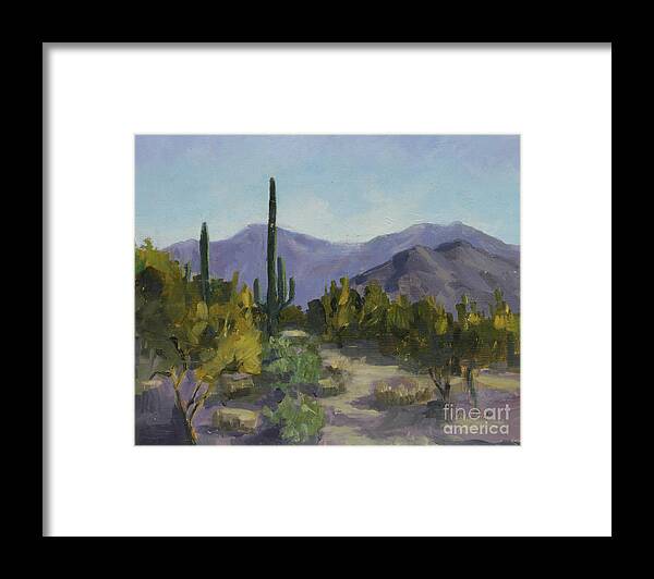 Saguaro Framed Print featuring the painting The Serene Desert by Maria Hunt