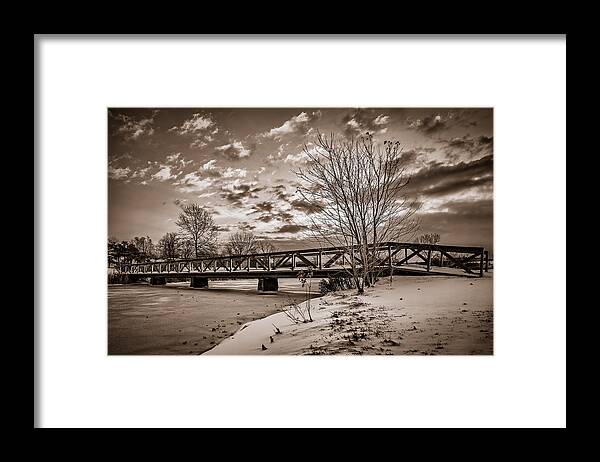 Lake Framed Print featuring the photograph Twilight Bridge over an icy pond - BW by Chris Bordeleau