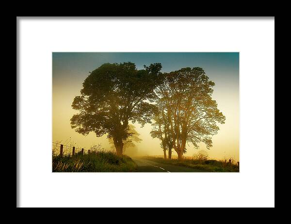 Jenny Rainbow Fine Art Photography Framed Print featuring the photograph Twilight Guardians. Misty Roads of Scotland by Jenny Rainbow