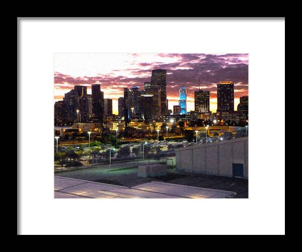 Landscape Framed Print featuring the painting Twilight Miami Skyline as Seen From Port by Dean Wittle