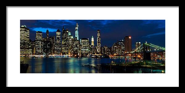 Amazing Brooklyn Bridge Photos Framed Print featuring the photograph Twilight NYC Panorama by Mitchell R Grosky