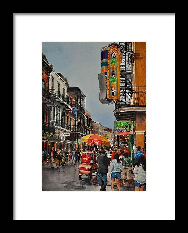 Urban Landscape Framed Print featuring the painting Twilight on Bourbon by Robert W Cook 