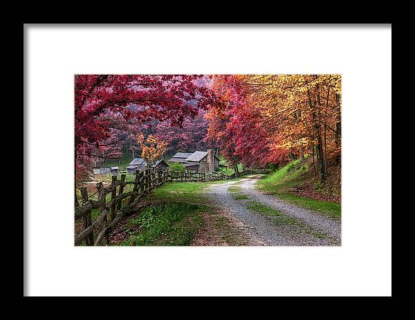 Twin Falls State Park In Autumn Framed Print featuring the photograph Twin Falls State Park by Mary Almond