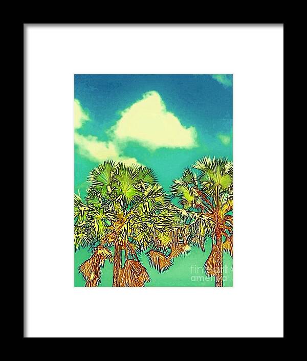 Sharkcrossing Framed Print featuring the painting V Twin Palms with Aqua Sky - Vertical by Lyn Voytershark
