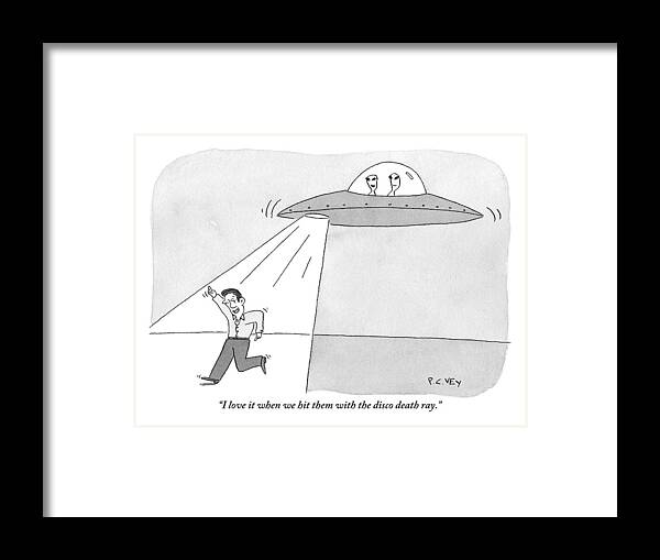 Space Travel - Aliens Framed Print featuring the drawing Two Aliens In A Flying Saucer Hit A Man by Peter C. Vey