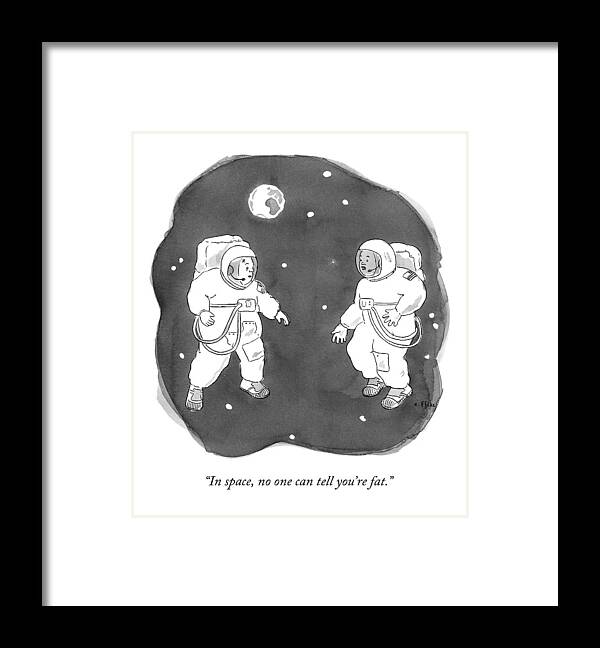 Space Framed Print featuring the drawing Two Astronauts Float In Space by Emily Flake