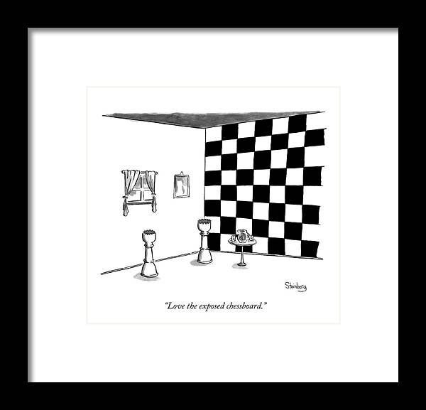 #condenastnewyorkercartoon Framed Print featuring the drawing Two Castle Chess Pieces Stand In A Room by Avi Steinberg