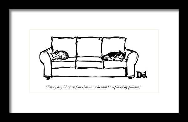 Cats Framed Print featuring the drawing Two Cats Curl Up At Each End Of A Sofa by Drew Dernavich