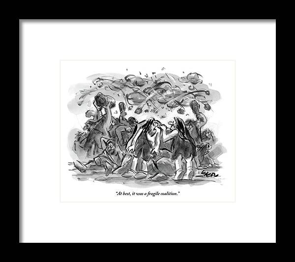 Cavemen Framed Print featuring the drawing Two Cavemen Remark On The Brawl Before Them by Lee Lorenz