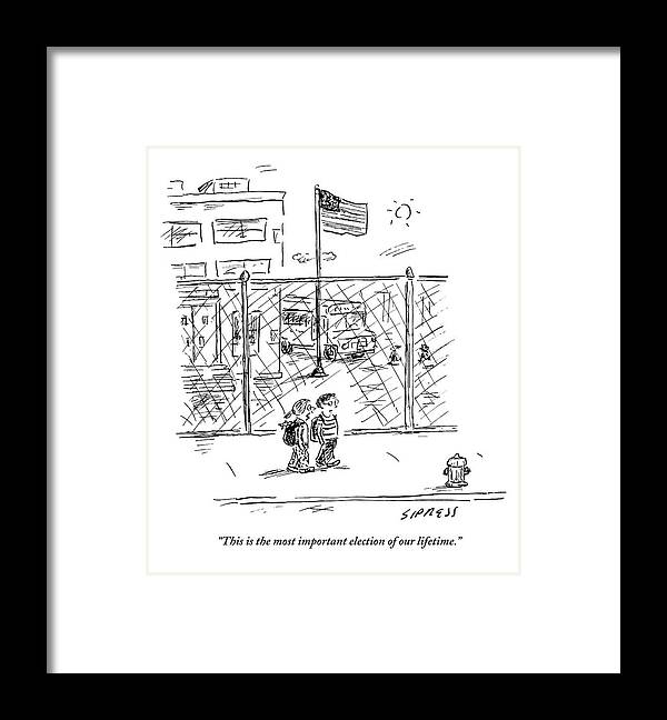 Kids Framed Print featuring the drawing Two Children Walk Along The Sidewalk Discussing by David Sipress