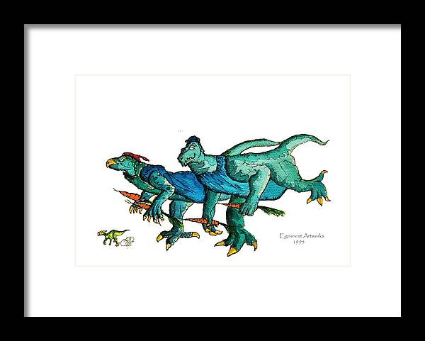 Child Framed Print featuring the painting Two Dinos on the Run by Michael Shone SR