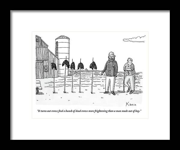 Two Farmers Stand Next Two Five Dead Crows On Sticks. Scarecrows Framed Print featuring the drawing Two Farmers Stand Next Two Five Dead Crows by Zachary Kanin