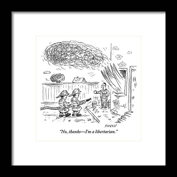 Fires Framed Print featuring the drawing Two Firemen Are Seen With A Fire Hose by David Sipress