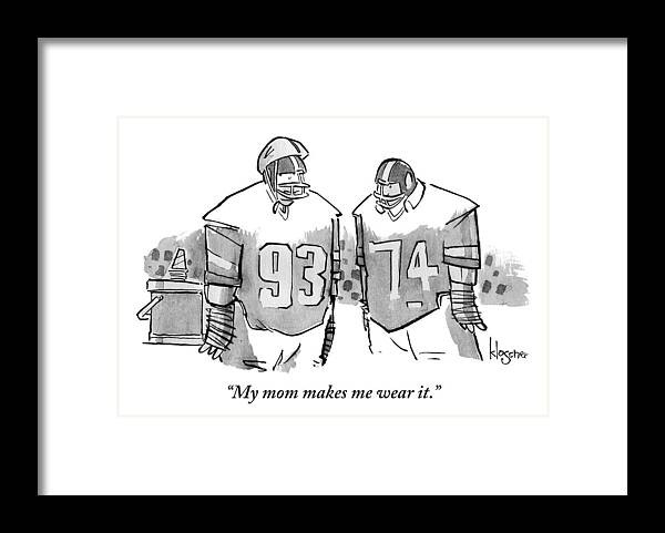 Helmets Framed Print featuring the drawing Two Football Players Are Talking To Each Other by John Klossner