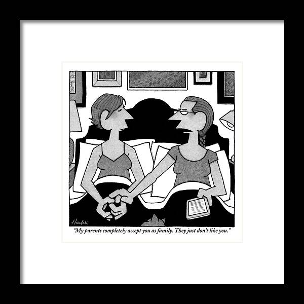 Gays (homosexuals) Framed Print featuring the drawing Two Gay Women Talk In Bed by William Haefeli