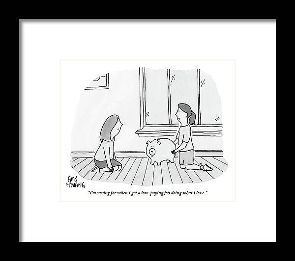 #condenastnewyorkercartoon Framed Print featuring the drawing Two Girls Discuss Savings With A Piggy Bank by Amy Hwang