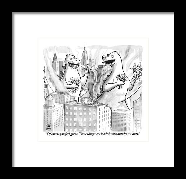 Godzilla Framed Print featuring the drawing Two Godzillas Talk To Each Other by Paul Noth
