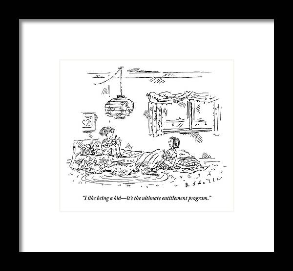 Kids Framed Print featuring the drawing Two Kids In A Playroom Are Talking by Barbara Smaller
