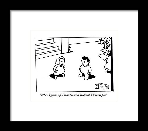Kids Framed Print featuring the drawing Two Kids Speak To Each Other by Bruce Eric Kaplan