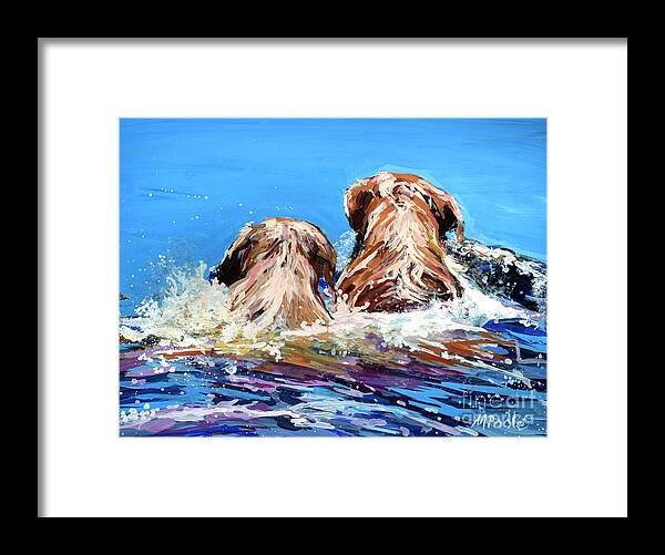 Yellow Labrador Retrievers Framed Print featuring the painting Two Labs One Wake by Molly Poole