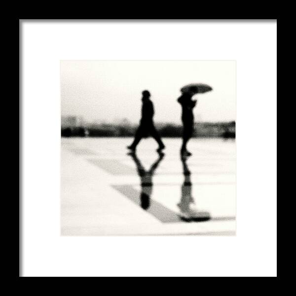 Shadow Framed Print featuring the photograph Two Men In Rain With Their Reflections by Nadia Draoui