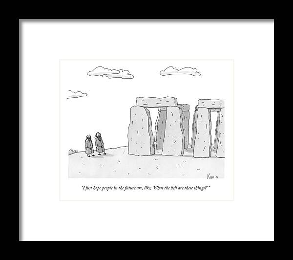 Stonehenge Framed Print featuring the drawing Two Men In Robes Chat Beside Stonehenge by Zachary Kanin