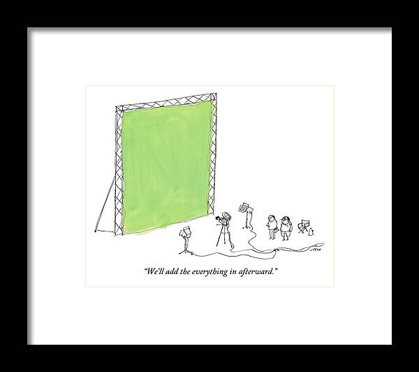 Film Framed Print featuring the drawing Two Men Point A Film Camera At A Green Screen by Edward Steed