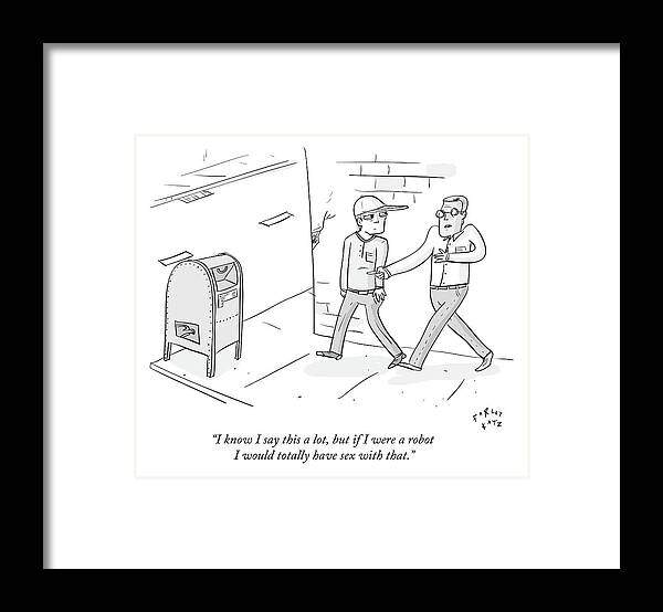 Robot Framed Print featuring the drawing Two Men Talk On The Street Gesturing At A Mailbox by Farley Katz