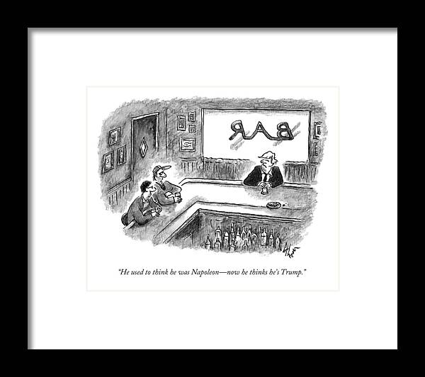 Trump Framed Print featuring the drawing Two Men Talking About Trump In A Bar by Frank Cotham