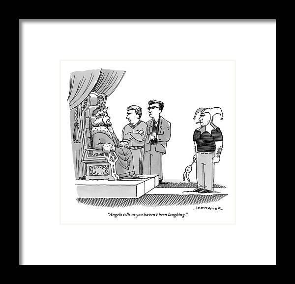 Jesters Framed Print featuring the drawing Two Mobster Tough Guys Confront A King On Behalf by Joe Dator