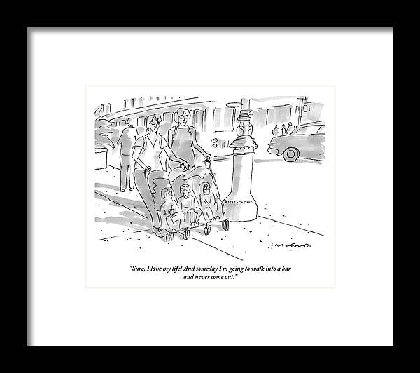 Strollers Framed Print featuring the drawing Two Moms Push Strollers With Their Young Ones by Michael Crawford