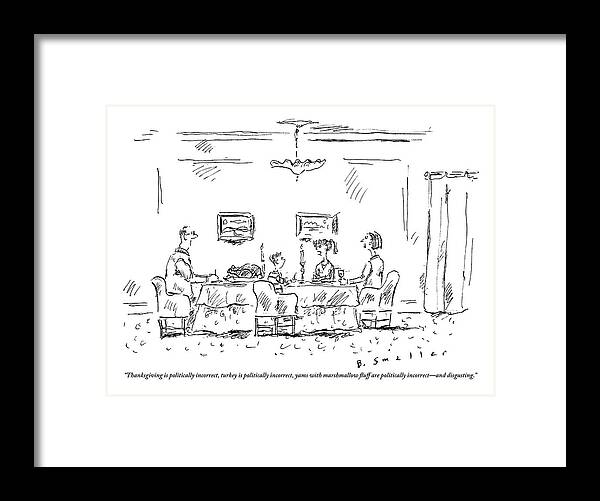 Thanksgiving Framed Print featuring the drawing Two Parents And A Daughter At Their Full Dinner by Barbara Smaller