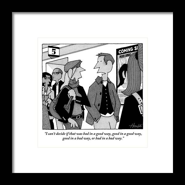 Movie Audiences Framed Print featuring the drawing Two People Are Seen Walking Out Of A Theater by William Haefeli