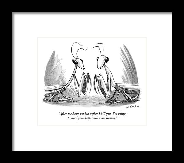 After We Have Sex But Before I Kill You Framed Print featuring the drawing Two Praying Mantises Facing Each Other by Joe Dator