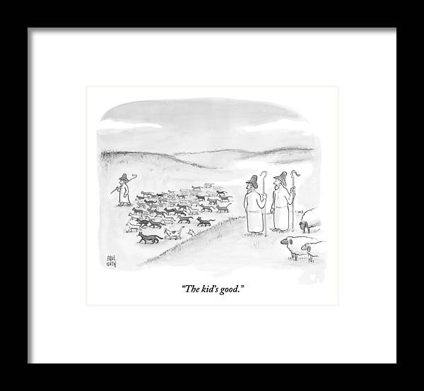 Sheep Framed Print featuring the drawing Two Shepherds With Conventional Sheep Look by Paul Noth