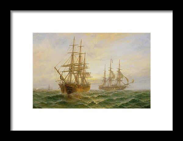 Ghost Ship Framed Print featuring the painting Two Ships Passing At Sunset by Claude T Stanfield Moore