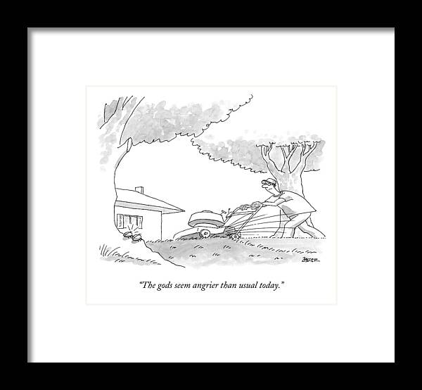 Bugs Framed Print featuring the drawing Two Small Bugs Are Talking About A Lawn Mower by Jack Ziegler