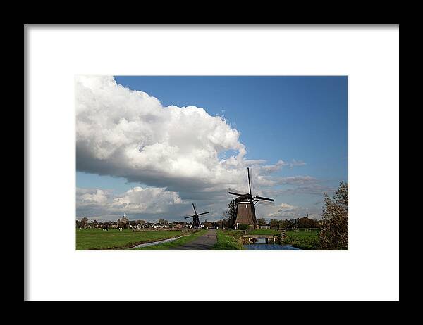Scenics Framed Print featuring the photograph Two Windmills In Dutch Polder by Roel Meijer