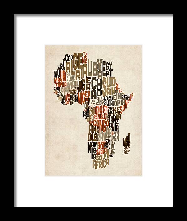 Africa Map Framed Print featuring the digital art Typography Text Map of Africa by Michael Tompsett