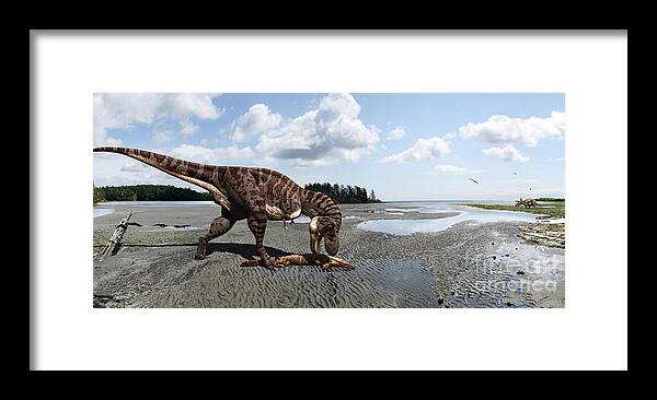Dinosaur Framed Print featuring the digital art Tyrannosaurus enjoying seafood - wide format by Julius Csotonyi