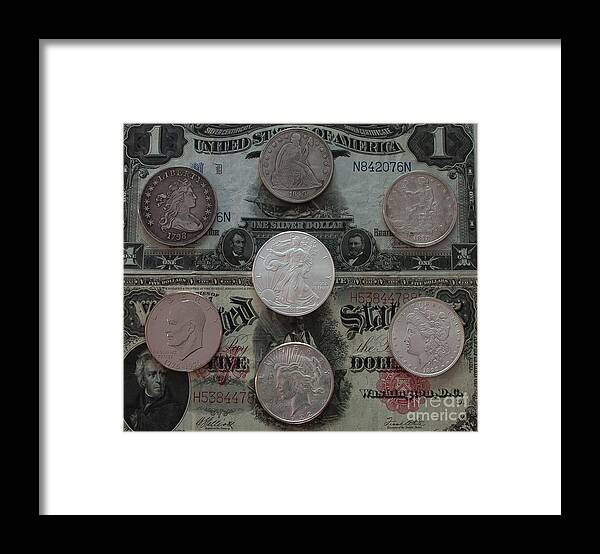 American Coins Framed Print featuring the photograph U S History of Silver Dollars by Steve Clough