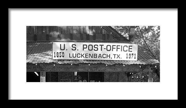 Us Framed Print featuring the photograph U S Post Office Luckenbach Texas Sign bw by Elizabeth Sullivan