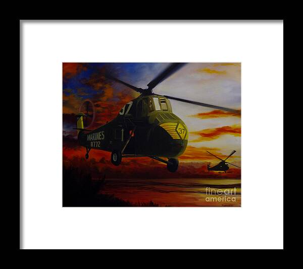 Uh-34d Framed Print featuring the painting UH-34D Over the Beach by Stephen Roberson