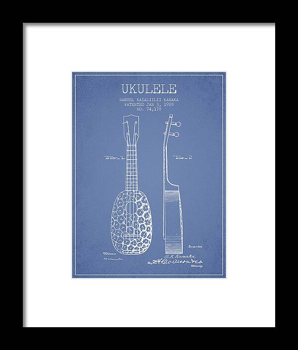 Ukulele Framed Print featuring the digital art Ukulele Patent Drawing from 1928 - Light Blue by Aged Pixel