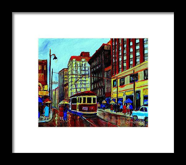 Downtown Montreal City Scenes Framed Print featuring the painting Umbrellas In The Rain Couples Stroll St.catherine Street Downtown Montreal Vintage City Scene by Carole Spandau