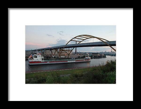 Nautical; Post Of Milwaukee; Milwuakee; Ship; Hoan Bridge; Volgaborg Framed Print featuring the photograph Under The Hoan Bridge And Heading To The Port Of Milwaukee by Janice Adomeit