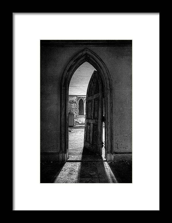 Gothic Framed Print featuring the photograph Unhinged - Old Gothic door in an Abandoned Castle by Gary Heller