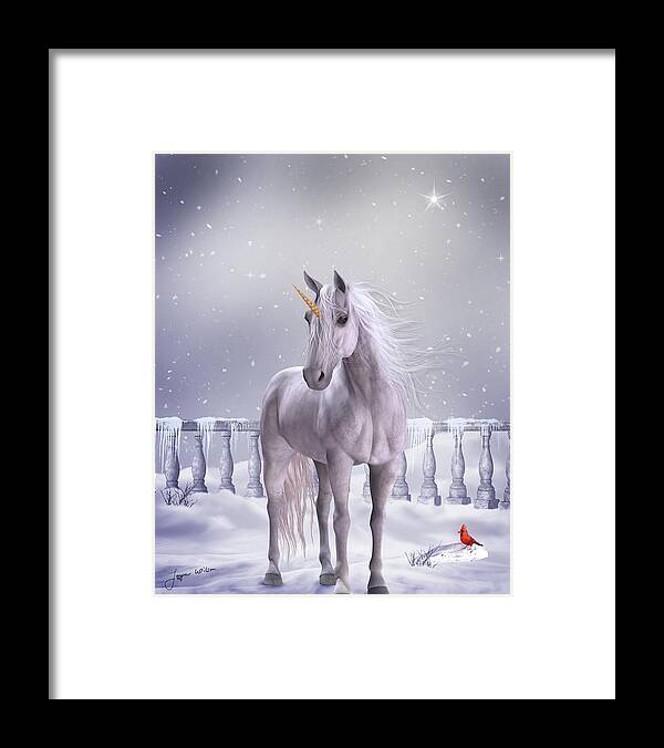 Unicorn Framed Print featuring the digital art Unicorn in the Snow by Jayne Wilson