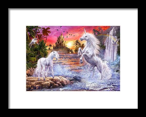 Animals Framed Print featuring the digital art Unicorn Waterfall Sunset by MGL Meiklejohn Graphics Licensing