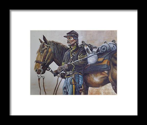 A Union Cavalry Soldier With His Horse And Rifle. The Union Soldier Is A First Sargent Standing Next To His Horse. Framed Print featuring the painting Union Cavalry by Martin Schmidt